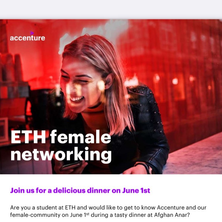 Are you a student at ETH and would like to get to know Accenture and their female-community on June 1st during a tasty dinner at Afghan Anar ? 

If yes, we got you covered! 

Apply now in order to secure one of the limited spots !! DM us to get the spot :) 

 @accenture @ethzurich 
#ethzurich #accenture #networking #womeninstem