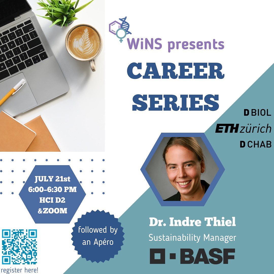 Our next career series is here !! Join us on July 21st 2022 both in person at ETH Höngg HCI D2 and virtually with zoom . 💥

This time we have Dr. Indre Thiel from @basf_global @basf. She is a sustainability manager and we can’t wait to learn what her job entitles. We are honored to welcoming her 🎆🎇

P.S: There is an apero followed by the talk! Stay tuned to interact with WINS and the speaker :) 

#basf #sustainability #sustainabilitymanagement #switzerland #myethzurich #lifescience #career #networking #womenpower #careertalk #womensupportingwomen @eth_dchab @ethalumni @ethzurich @uzh.ch @swisswomenchem