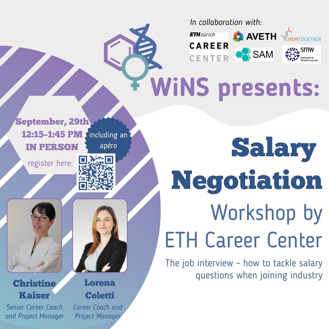 Would you like to know how to tackle your job interview and salary questions when joining industry? Then this is the talk for you!

Christine Kaiser and Lorena Coletti from ETH career center will talk about salary negotiation on 29th of September from 12.15 to 1.45 PM. This talk will take place in person :) 

Don't miss it :) @ethcareercenter @av_eth @chemtogether @smw_eth @sam @ethzurich 

#career #like #interview #job #salarynegotiations #ethzurich #myeth #lifesciences #chemistry #stem #womeninstem